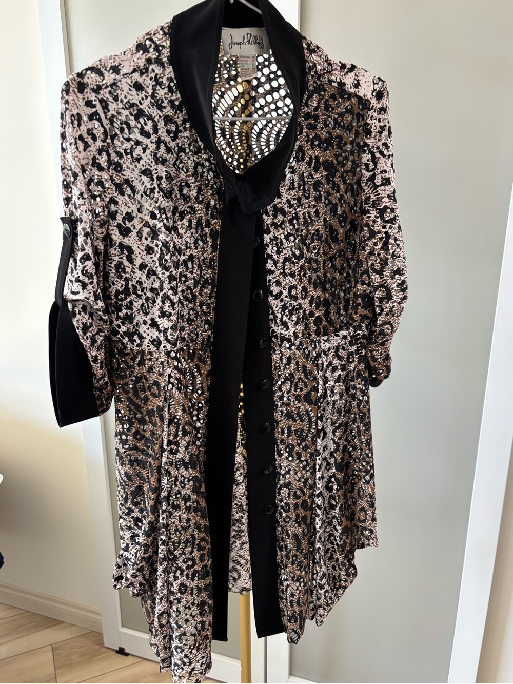 Joseph Ribkoff Black and Blush Animal-Print Button Front Dress